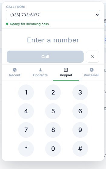 Browser dialer showing the business number ready for incoming calls