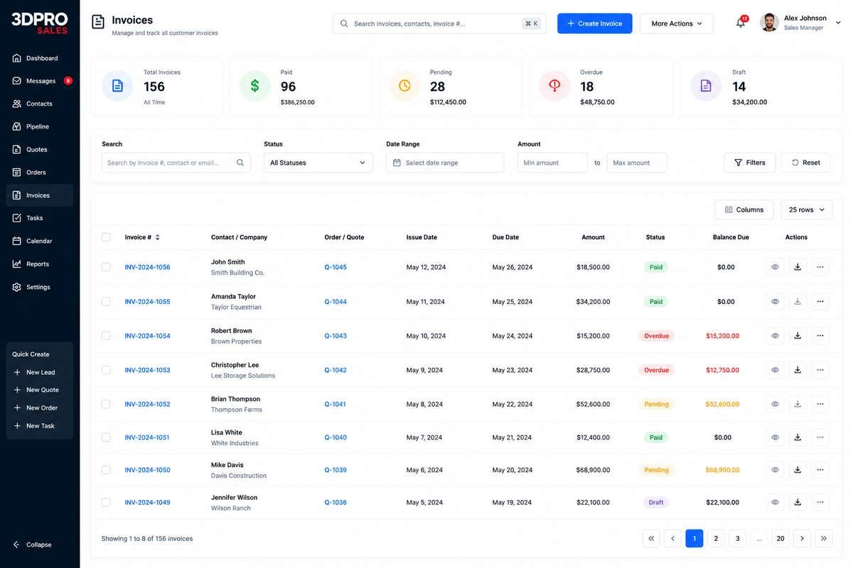 Invoice management with paid, pending and overdue status