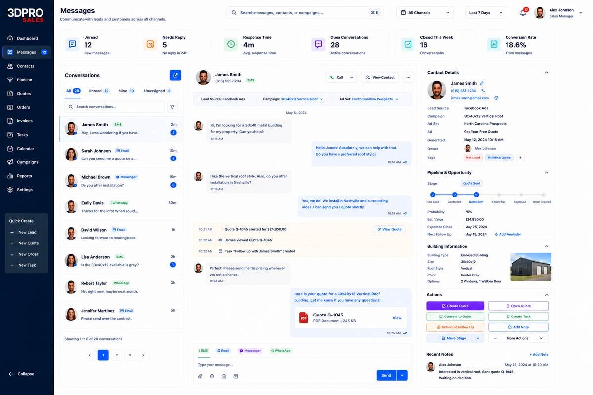 Unified SMS, email, Messenger and WhatsApp inbox for building dealers