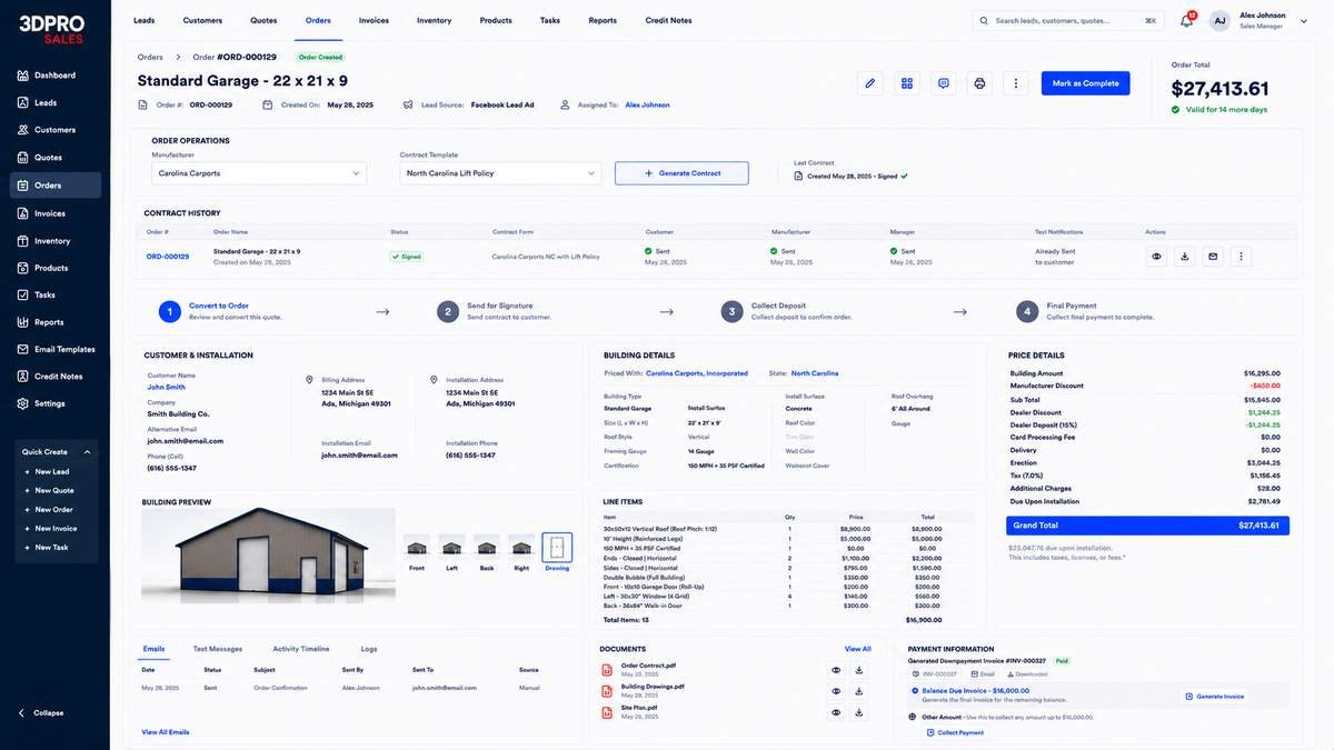 Metal building order with contract workflow, building preview and payments