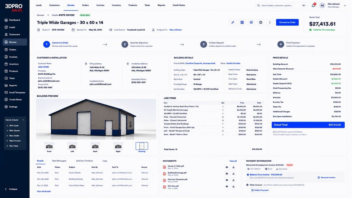 3D metal building quote with building preview, line items and live pricing