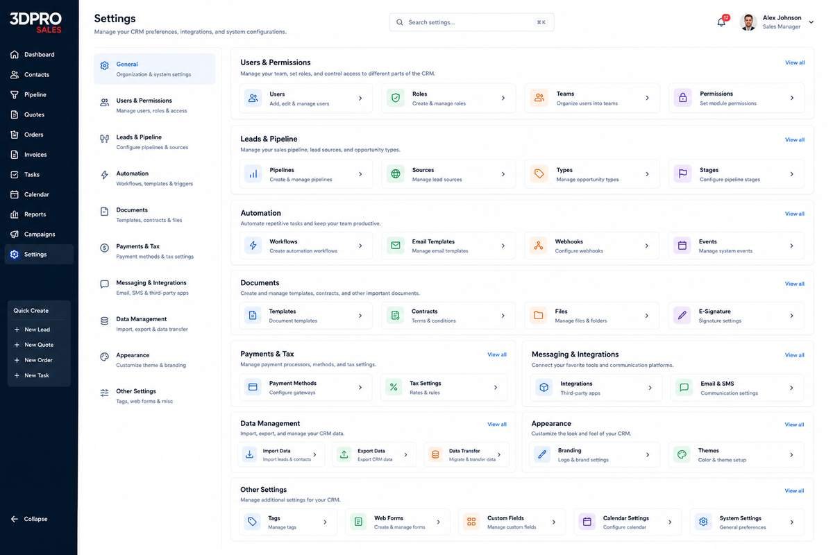 Platform settings: automation, templates, permissions, integrations