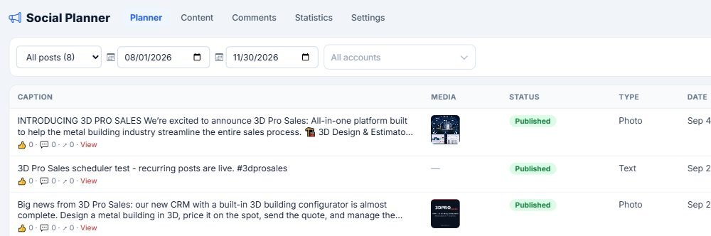 Social planner listing scheduled and published posts across Facebook, Instagram and LinkedIn